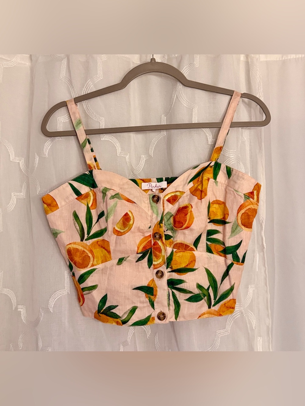 Parker Citrus Print Crop Top Small Peach Orange Bustier Button Front 🍊